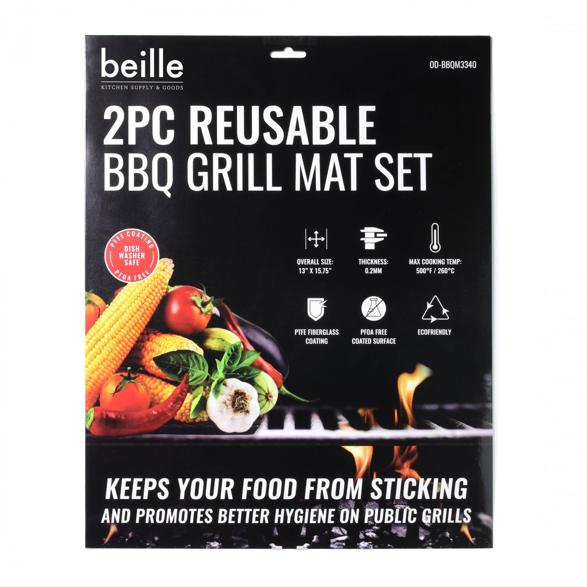 Beille Black BBQ Grill Accessories Reusable Non Stick Grilling Mats 13x15" 2pk