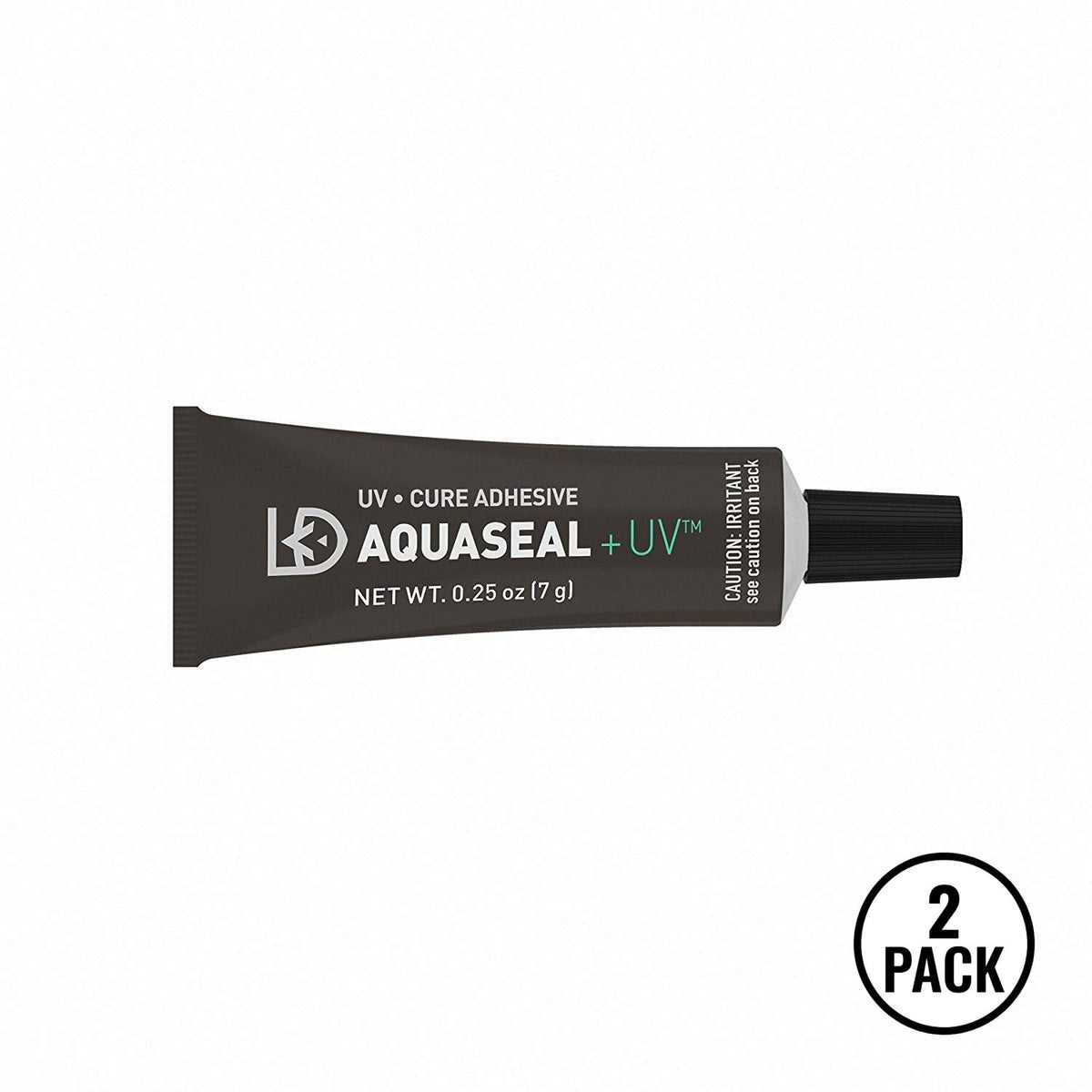 Two tubes of Gear Aid UV Cure AquaSeal adhesive, .25oz each, suitable for camping field repairs.