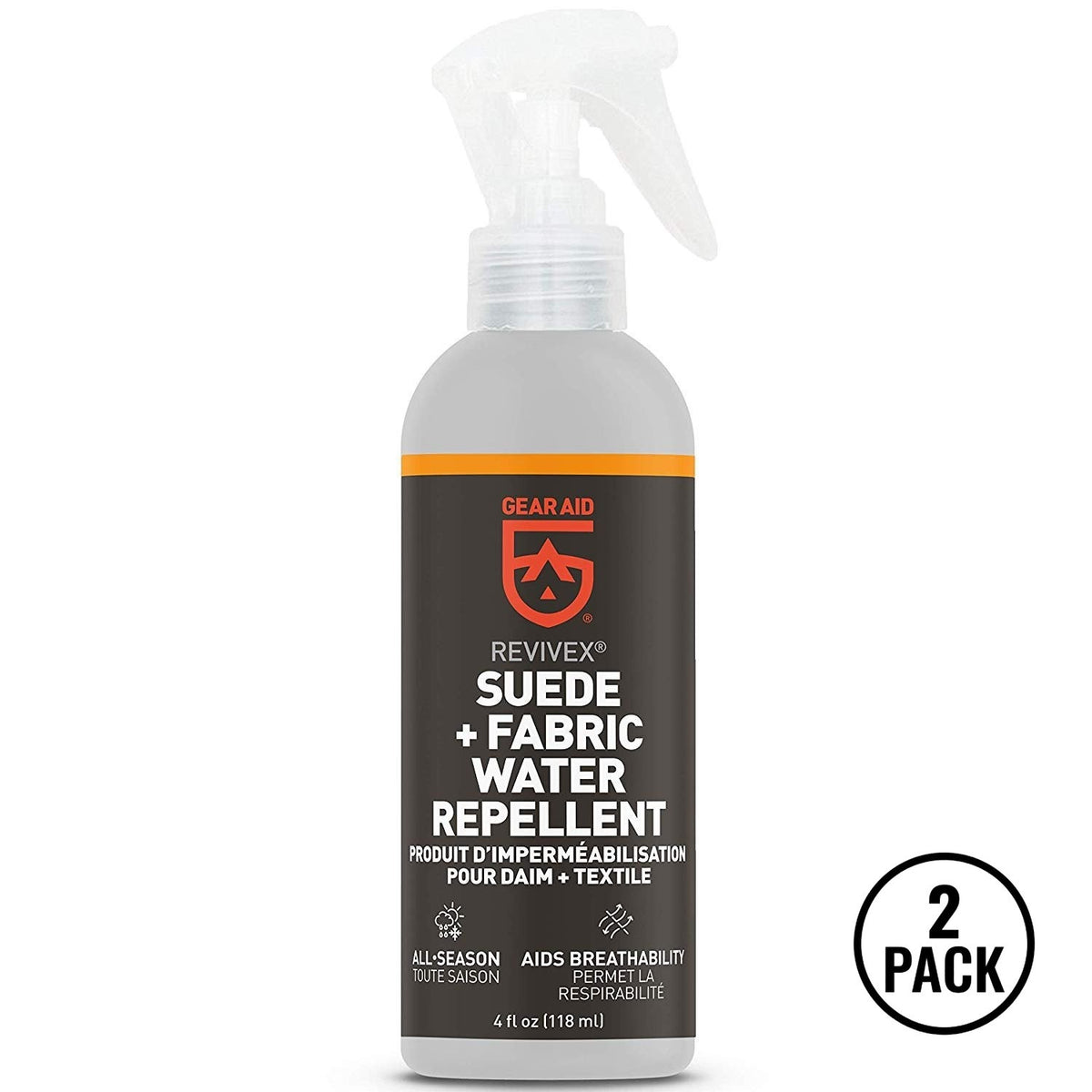 Two bottles of Gear Aid ReviveX Spray On Waterproofing Footwear Protection, 4 oz each