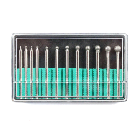 Assorted diamond burr set with .125 inch shank, multiple shapes and sizes visible in package.