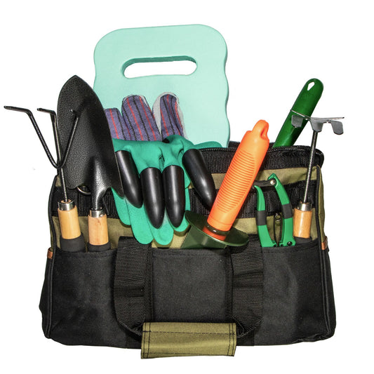 Assorted gardening tools and cultivating accessories laid out together