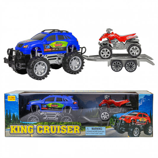 Kidplokio monster trucks, ATV, and pull-back cars toy set arranged together