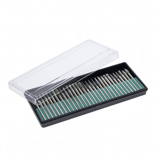 30-piece diamond tip cutting burr bit set for rotary tool, multiple sizes and grits visible in a plastic case.