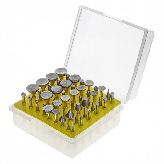 50 diamond burr bits for rotary tool in assorted grit sizes, arranged in a storage case