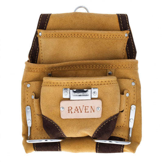 Suede leather tool pouch with 10 pockets and hammer holder, shown empty and upright