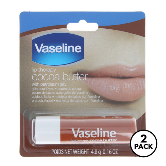 Two Vaseline Lip Therapy Cocoa Butter lip balm containers side by side, label facing forward.