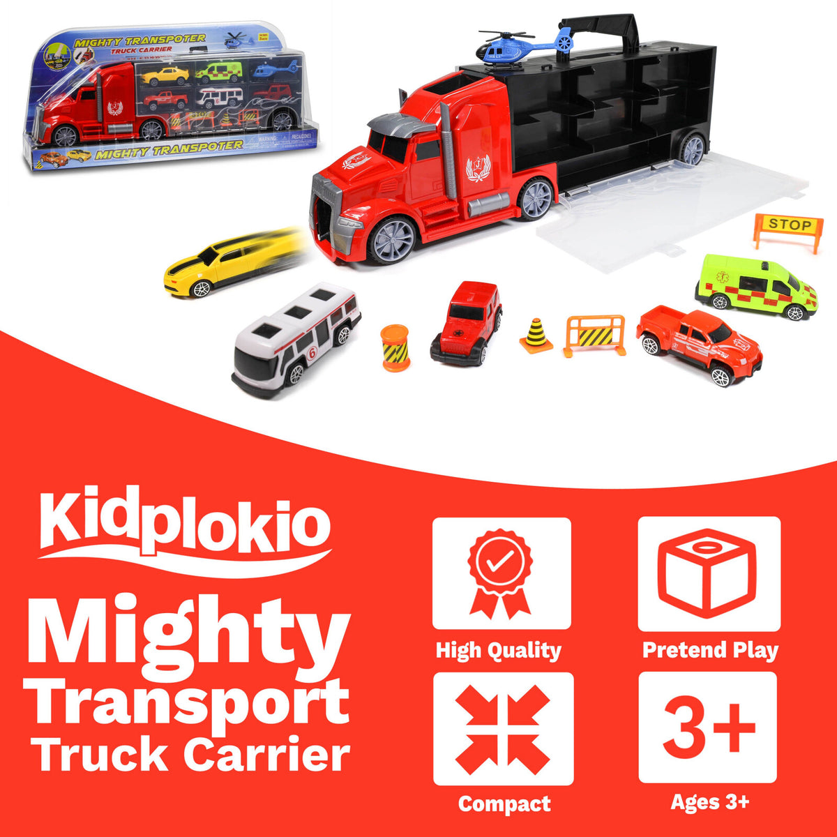 Kidplokio 1:24 Scale Diecast 11pc Hot Rod Car Carrier Truck for Toy Race Cars, view 2