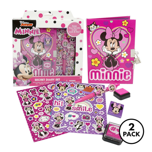 Disney Minnie Mouse diary with lock and stationery items for girls, eight pieces shown together.