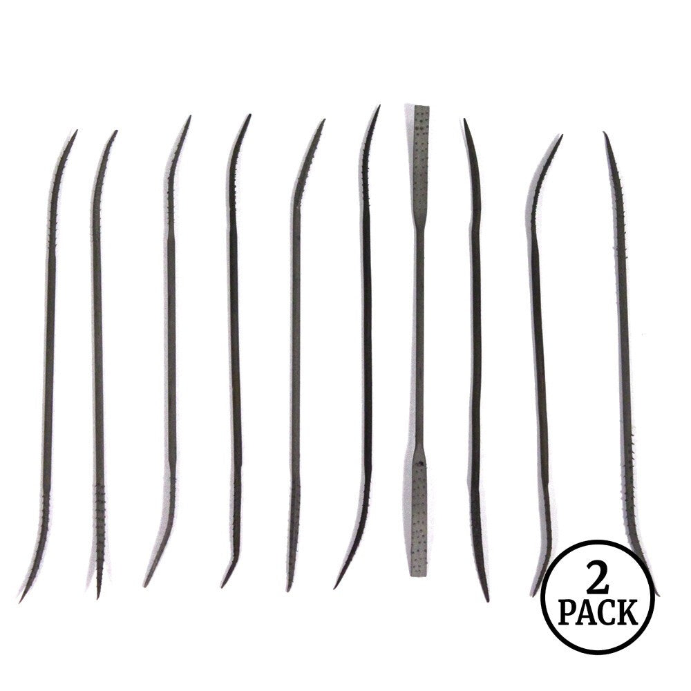 Two packs of 10-piece double ended riffler file sets arranged for metal jewelry work.