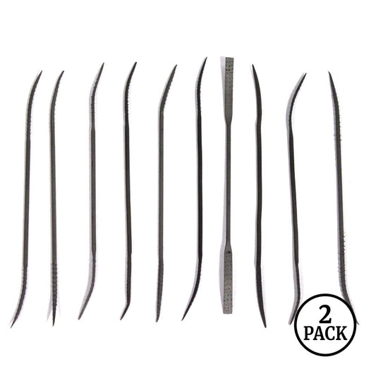 Two packs of 10-piece double ended riffler file sets arranged for metal jewelry work.