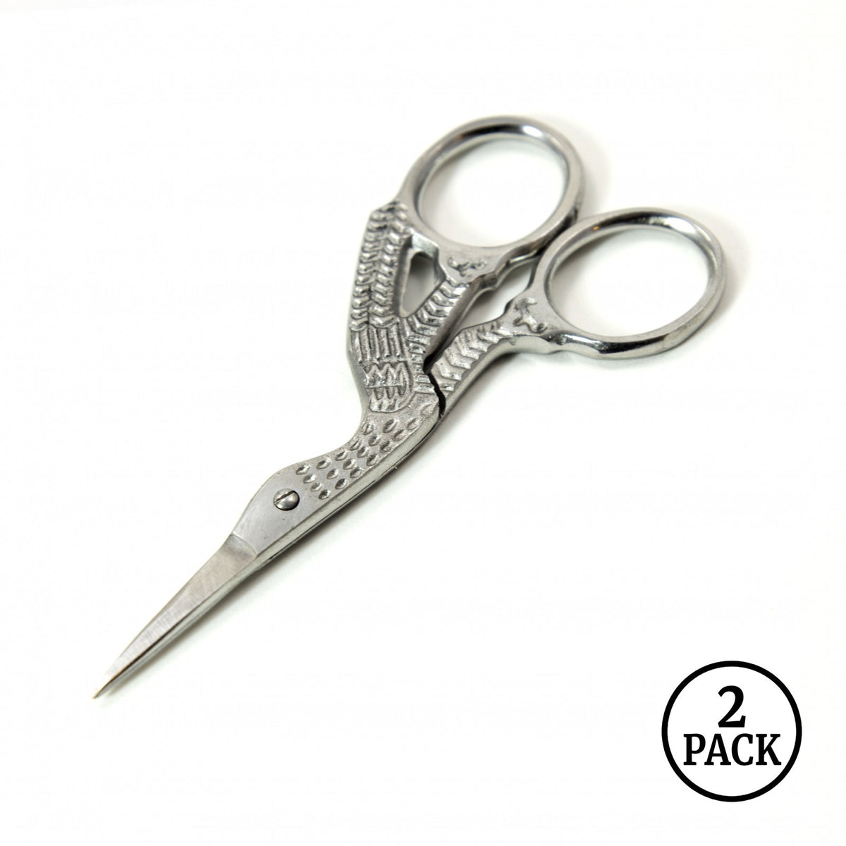 Two small 3.5-inch stainless steel tailoring scissors with sharp straight tips shaped like storks