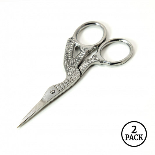Two small 3.5-inch stainless steel tailoring scissors with sharp straight tips shaped like storks