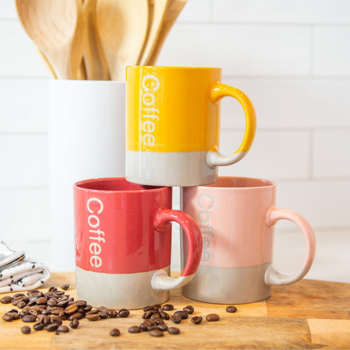 Beille Ceramic Stoneware Modern Dipped Coffee Cups 3pc Set, Assorted Colors