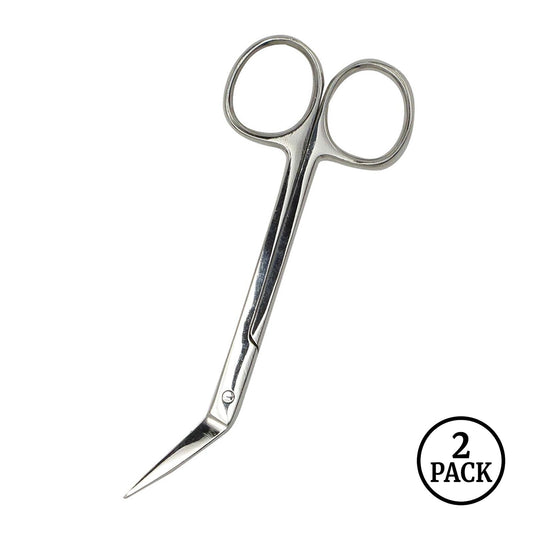 Two 4.5-inch angular embroidery shears with metallic blades and handles, placed on a plain background