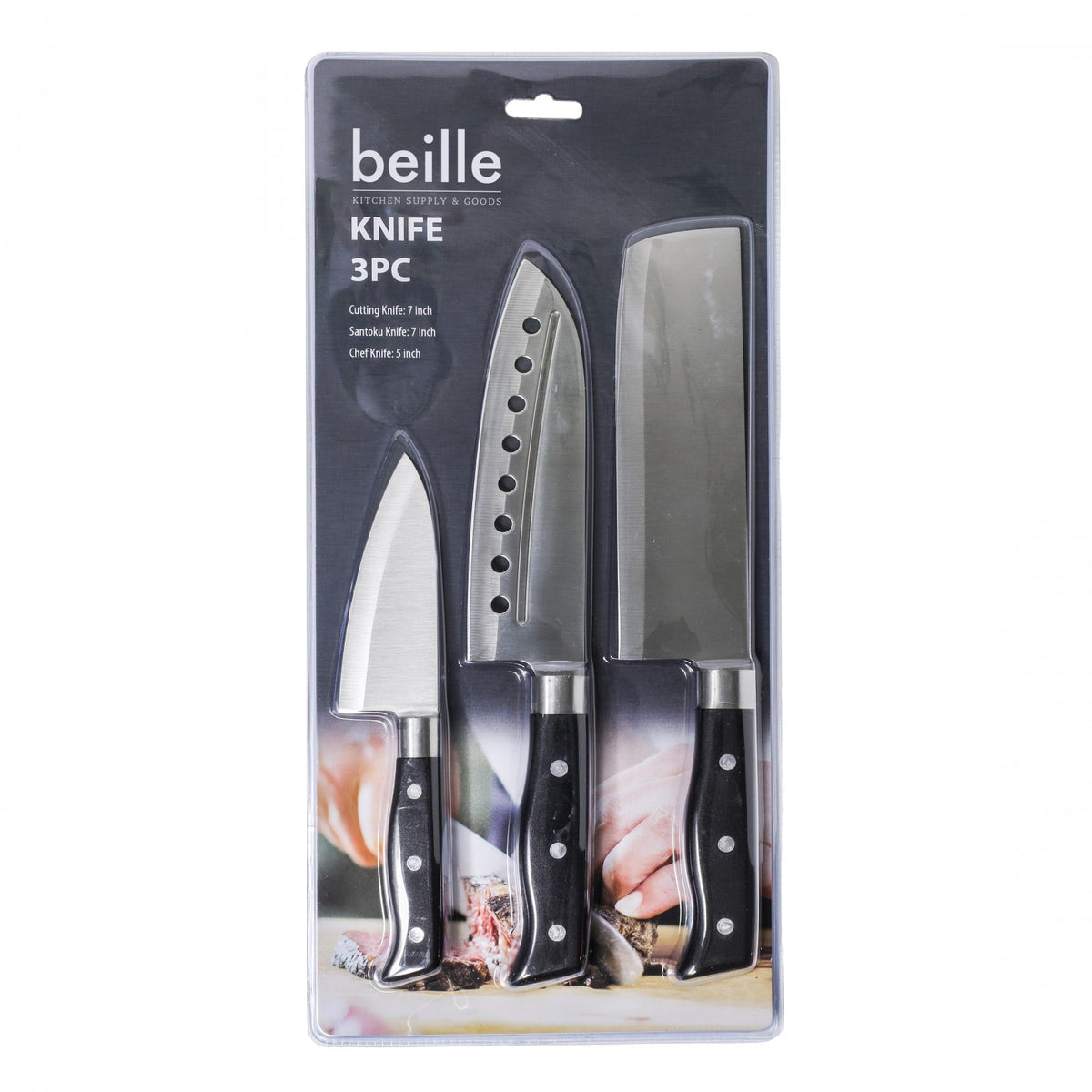 Beille 3pc Stainless Steel Kitchen Cutlery Knife Set Cutting Santoku Chef Knife