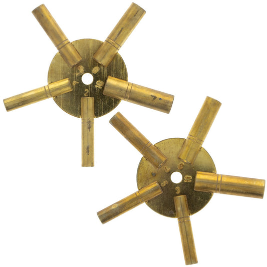 Two antique brass grandfather clock keys with different head designs
