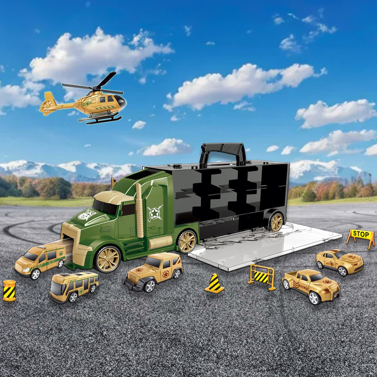 Kidplokio 11pc Army Military Semi Truck Toy Vehicle Transporter 6 Diecast Cars, view 3