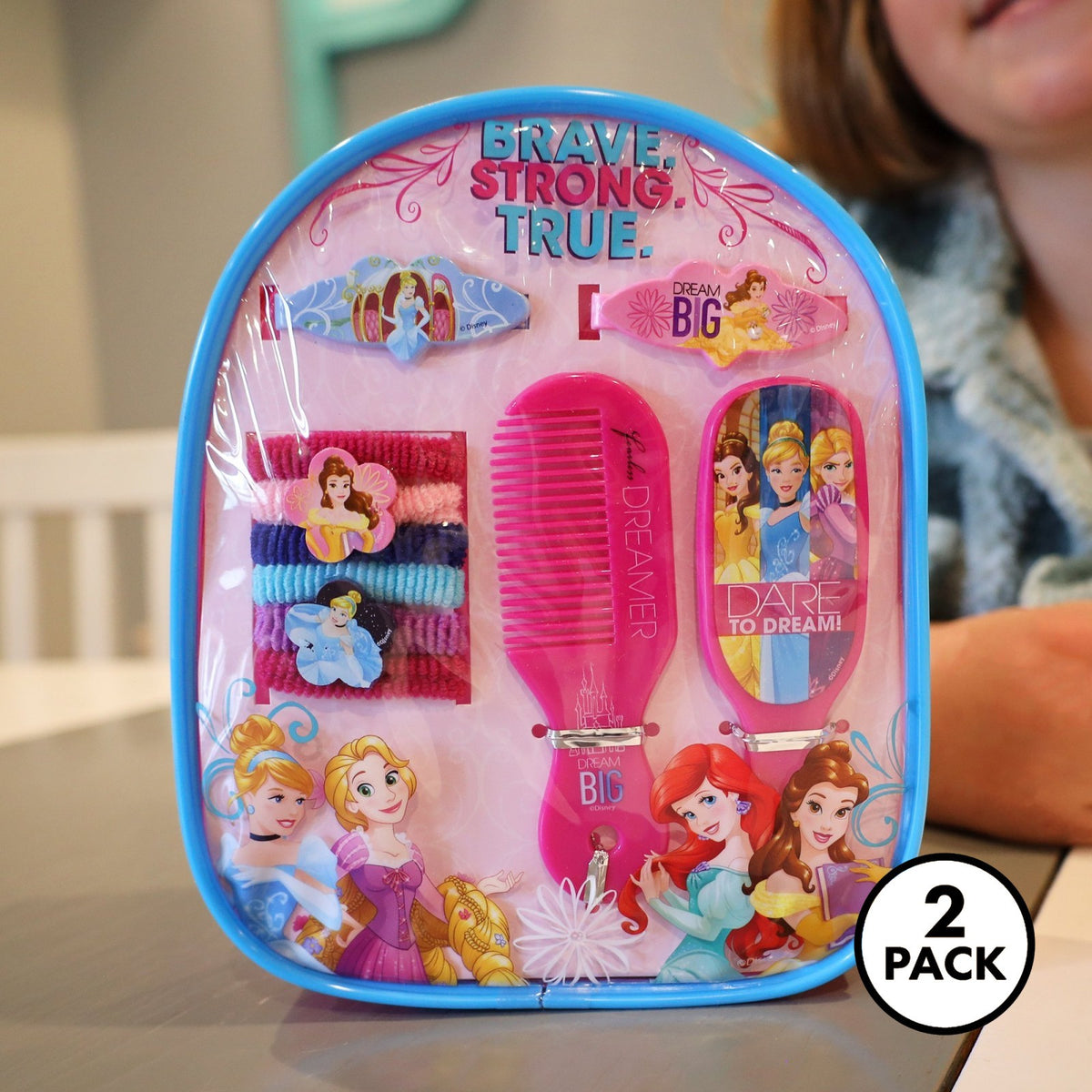 Disney Princess-themed girls' 10-piece hair brush and play set with backpacks, 2 packs shown on a white background.