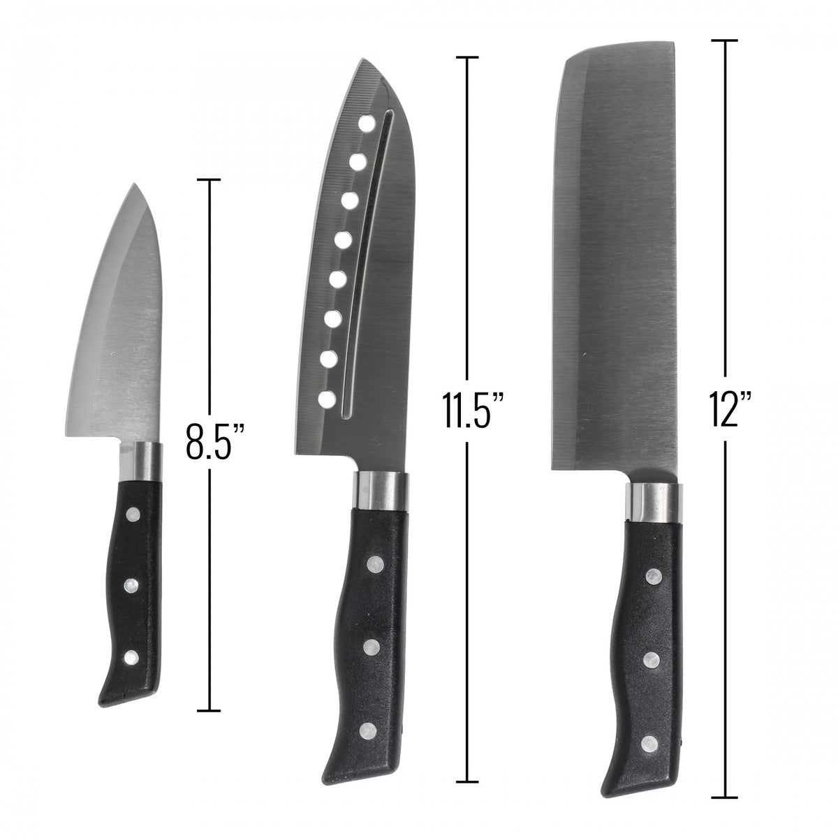 Beille 3pc Stainless Steel Kitchen Cutlery Knife Set Cutting Santoku Chef Knife