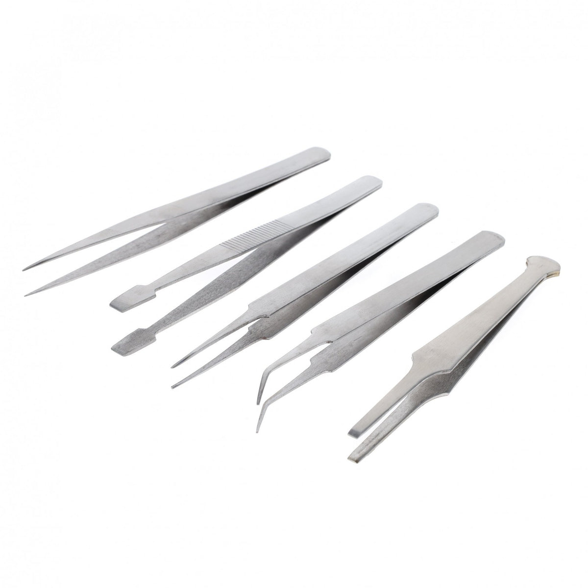Five stainless steel hobby tweezers fanned out
