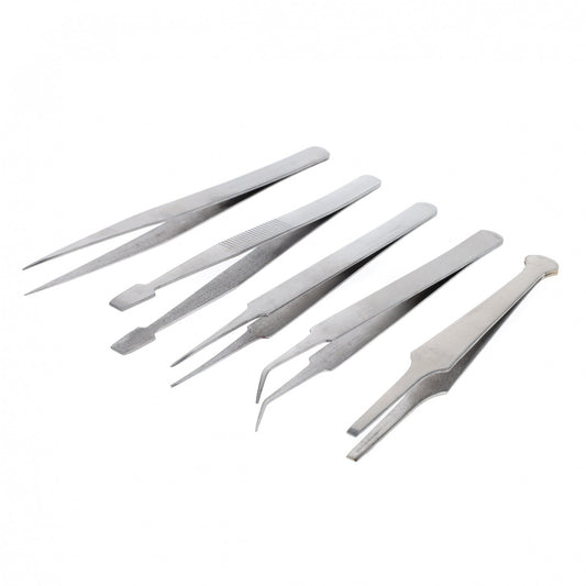 Five stainless steel hobby tweezers fanned out