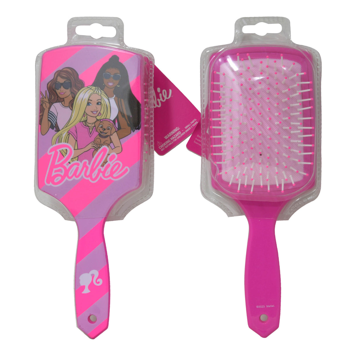 Two girls' paddle detangling hair brushes featuring Minnie Mouse, Barbie, and Lilo & Stitch designs.