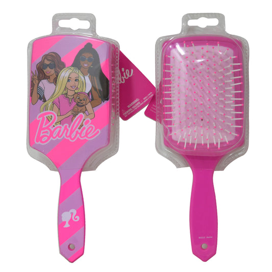Two girls' paddle detangling hair brushes featuring Minnie Mouse, Barbie, and Lilo & Stitch designs.