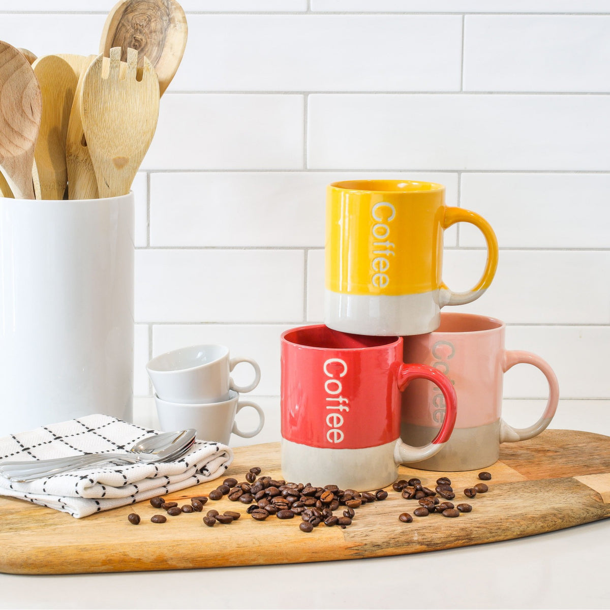 Beille Ceramic Stoneware Modern Dipped Coffee Cups 3pc Set, Assorted Colors