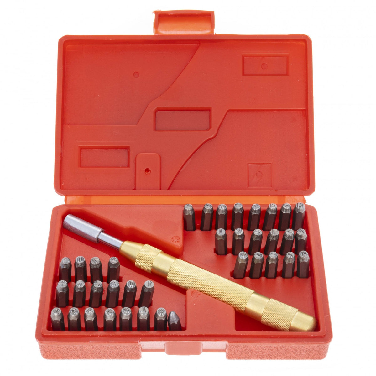 Number and letter stamping set with automatic punch, 38 pieces arranged on a surface.