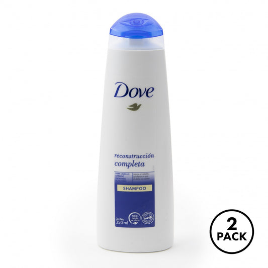 Two bottles of Dove Hair Care Complete Reconstruction Repair Shampoo, white bottles with blue caps.