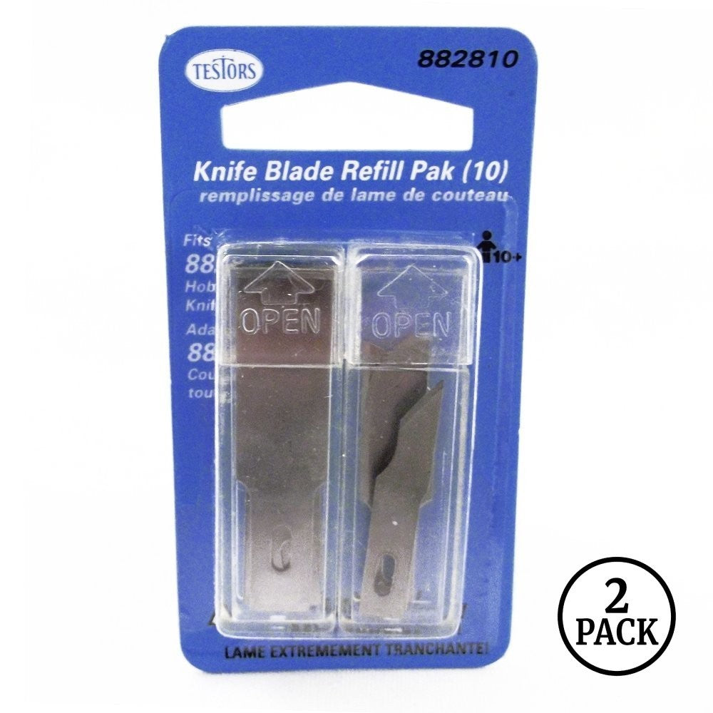 Two packs each containing 10 replacement razor knife blades for hobby knives.