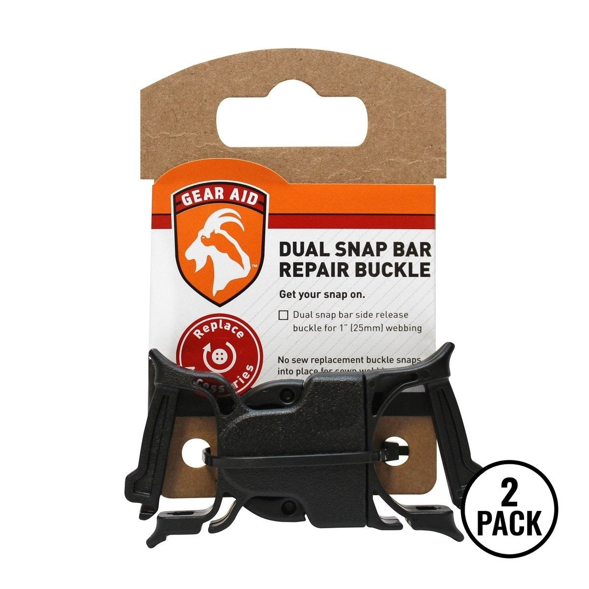 Two black GEAR AID snap bar repair buckles suitable for 1-inch webbing.