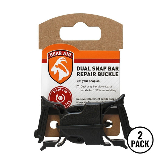 Two black GEAR AID snap bar repair buckles suitable for 1-inch webbing.