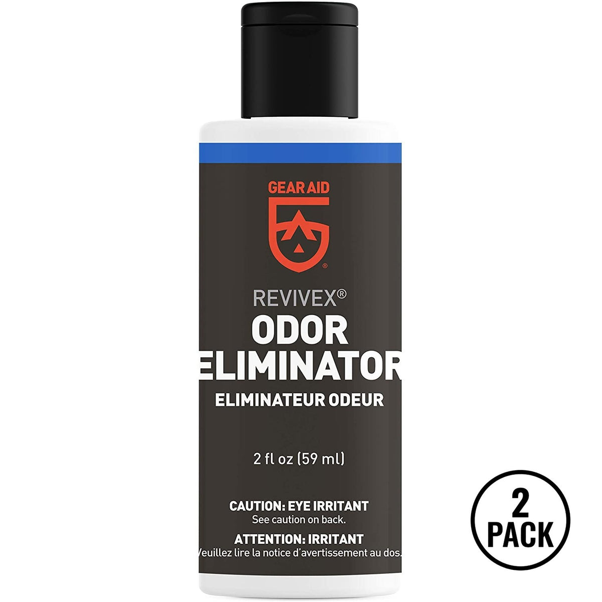 Two 2 fl oz bottles of Gear Aid Revivex Odor Eliminator for tents, footwear, and sports gear.