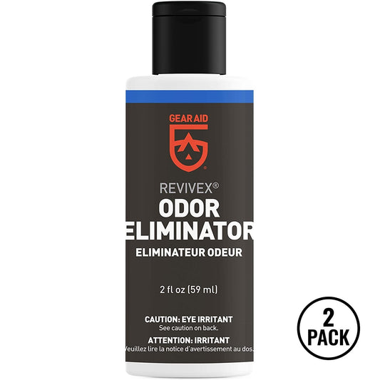 Two 2 fl oz bottles of Gear Aid Revivex Odor Eliminator for tents, footwear, and sports gear.