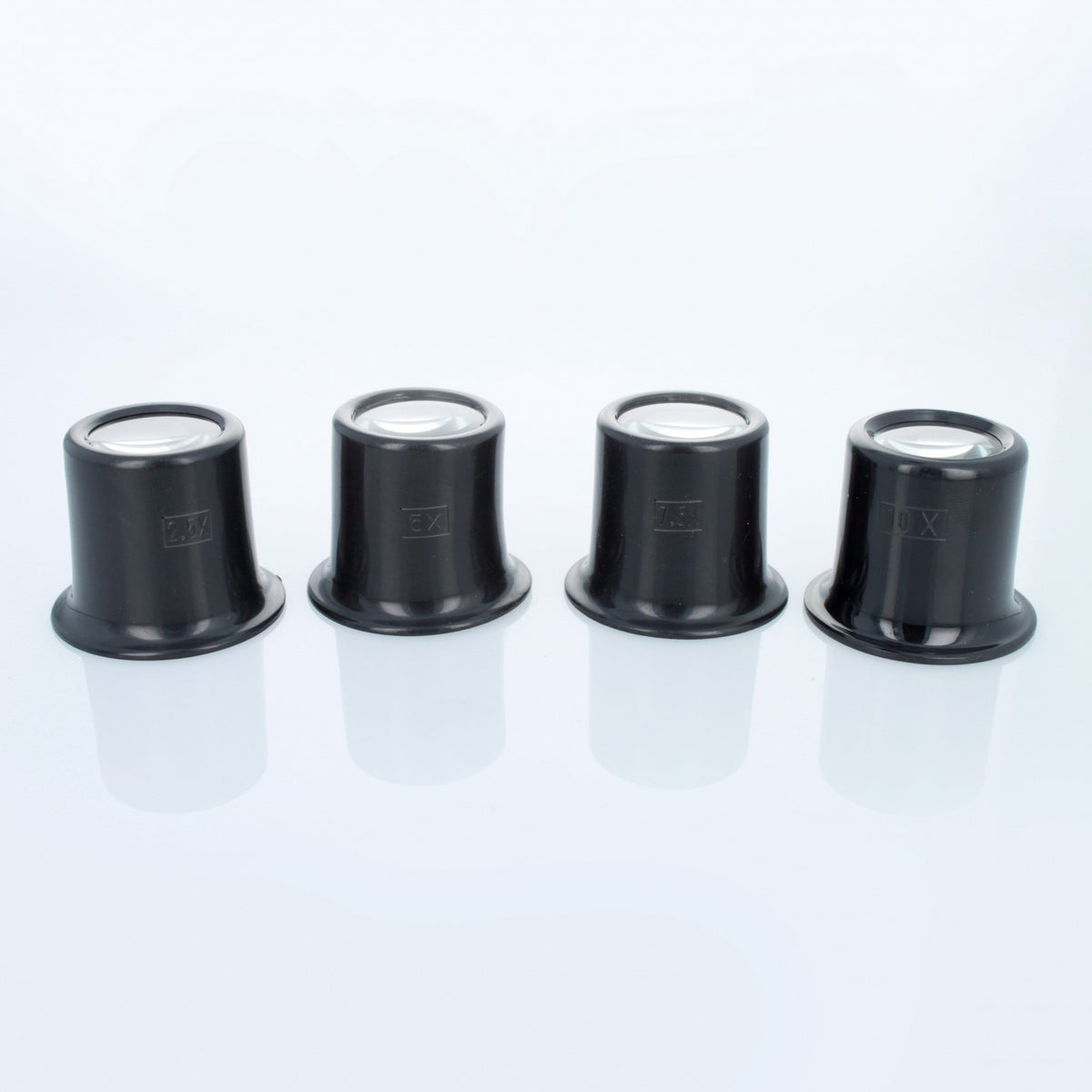 Universal Tool Plastic Jewelers Eye Loupe Set 2.5X 5X 7.5X 10X Magnifiers 4pc, view 2