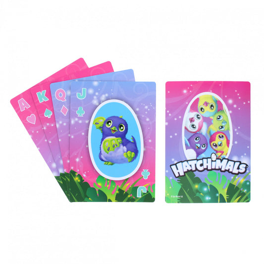 large playing cards with colorful Hatchimals printed graphics