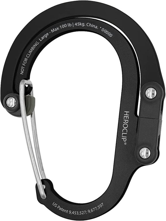 large black carabiner clip hook with dual pack sizes for camping or backpack use