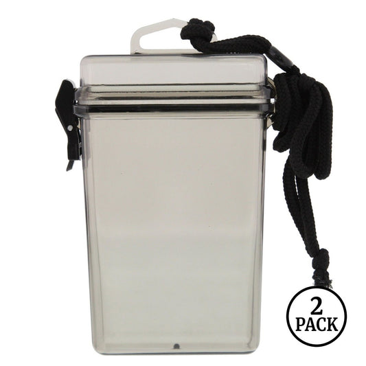 Two translucent plastic storage containers with lanyards, closed and side by side, on a plain surface