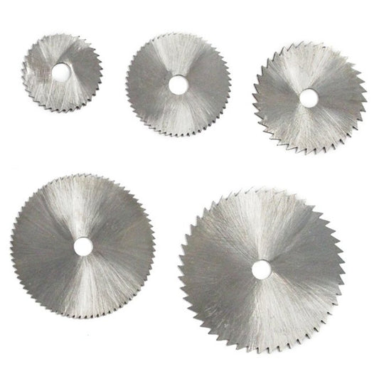 Five high speed steel saw blades with 1/4 inch arbor, assorted .8mm thicknesses.