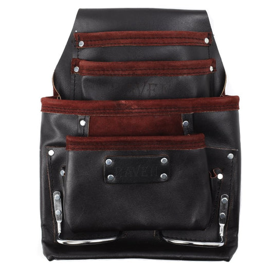 Brown leather tool pouch with ten pockets, 13 x 10 inches, displayed flat