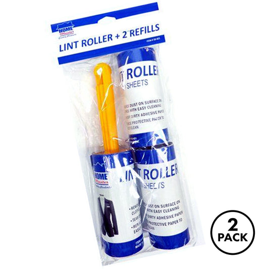Lint roller with two refill rolls, each showing 10 sheets, presented together on plain background.