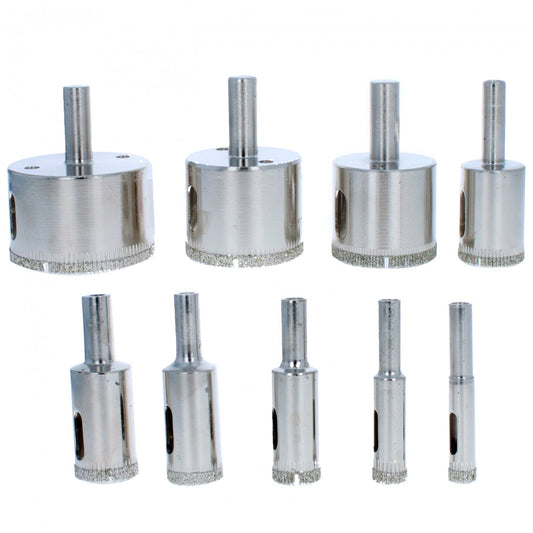 SE diamond hole saw set with 10 pieces displayed in a foam insert inside a plastic case.