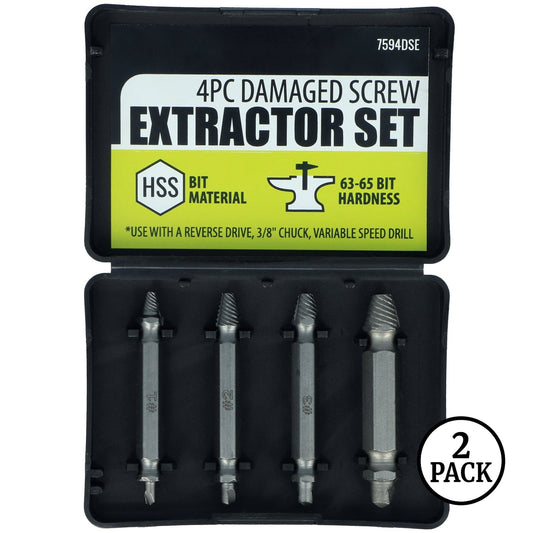 four-piece screw extractor set with assorted sizes from a two-pack bundle