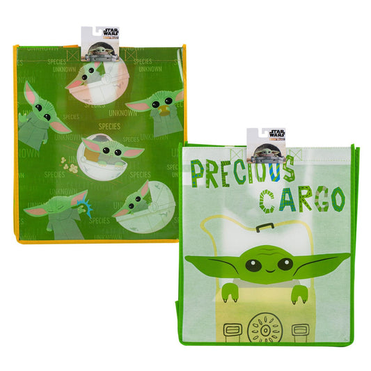 Pair of Star Wars Baby Yoda non woven tote bags for kids ages 3 and up.