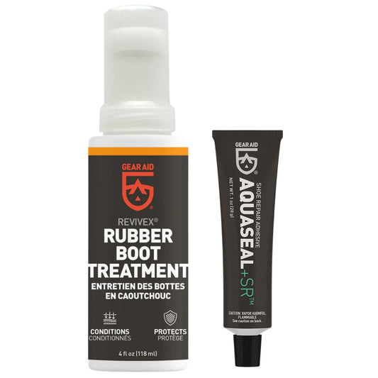 Gear Aid Aquaseal SR shoe repair tube and 4oz rubber boot cleaner bottle side by side.
