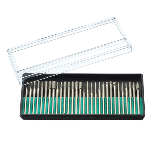 Assorted shapes of 30 diamond coated cutting burrs for rotary tools shown in a case.