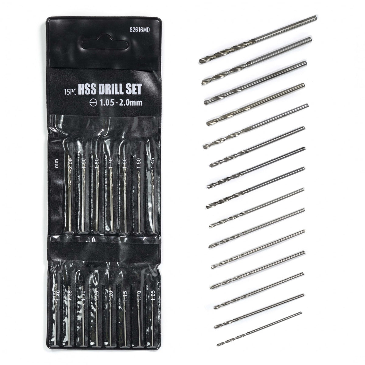 Set of 15 stainless steel drill bits from 1.05 to 2mm on display