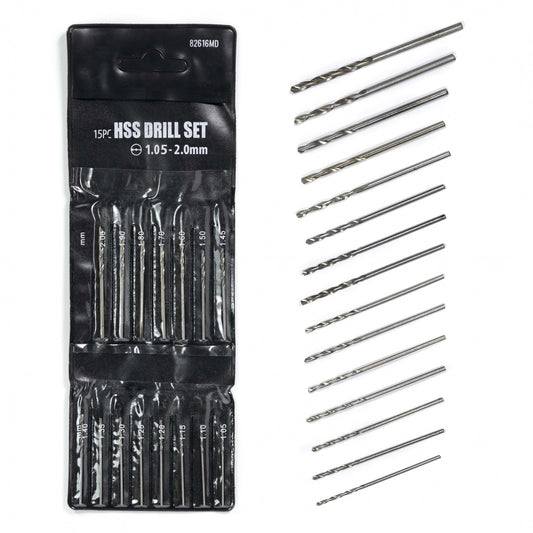 Set of 15 stainless steel drill bits from 1.05 to 2mm on display