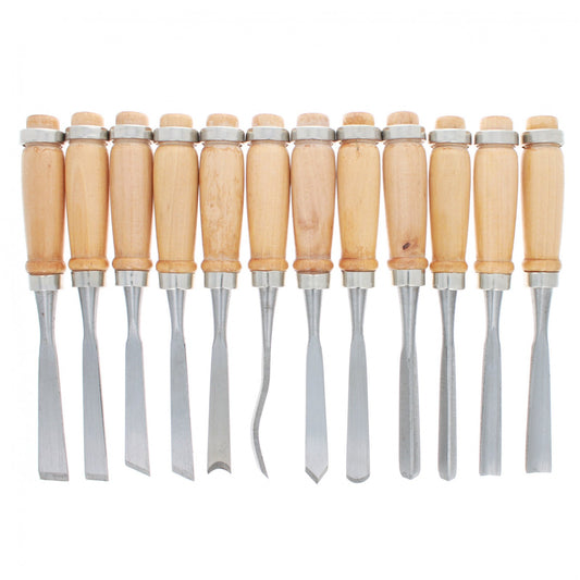 Set of 12 wood carving chisels with assorted blade styles and wooden handles.
